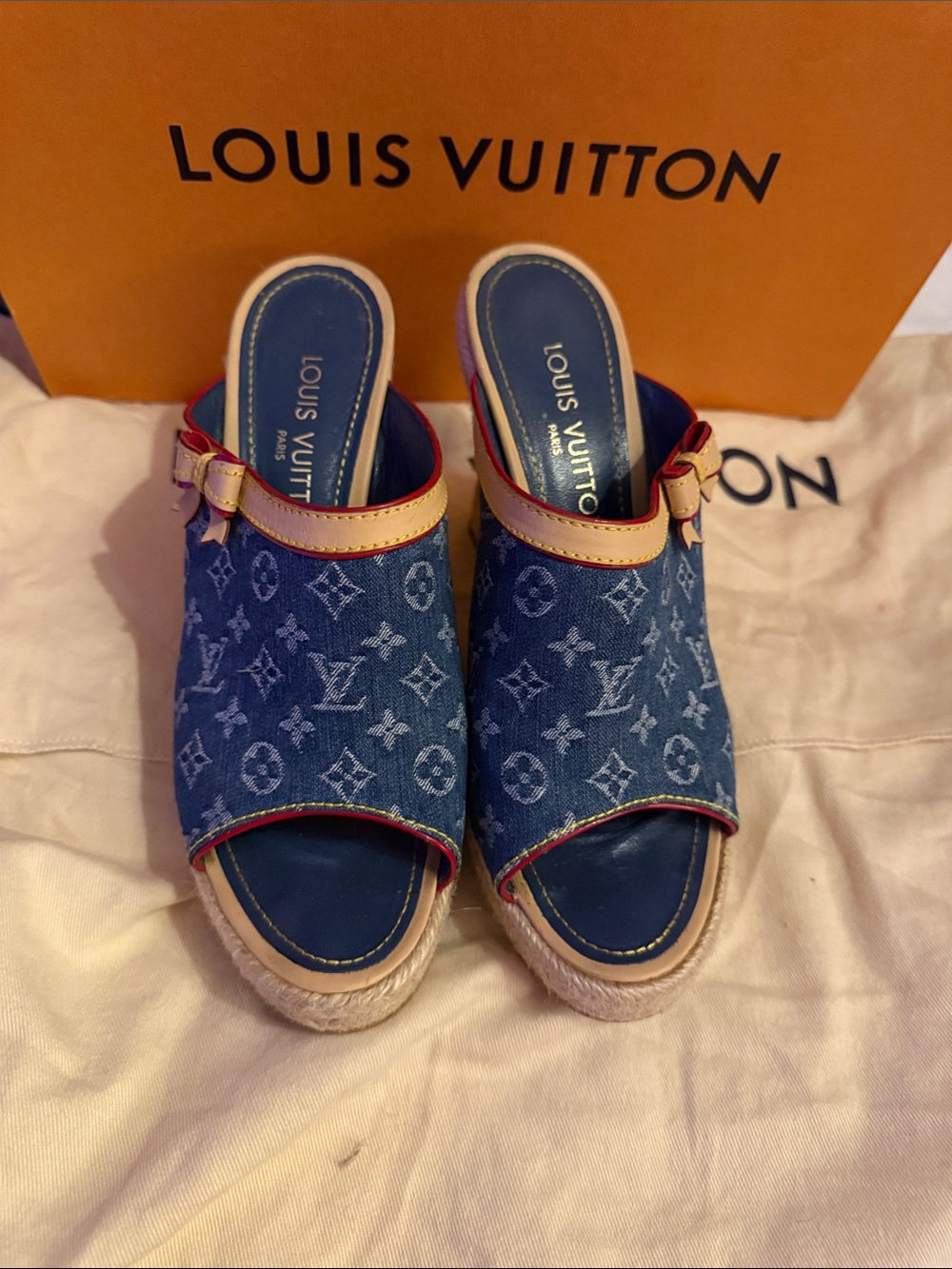Louis Vuitton Blue Monogram Denim Espadrille Mules with Leather Trim